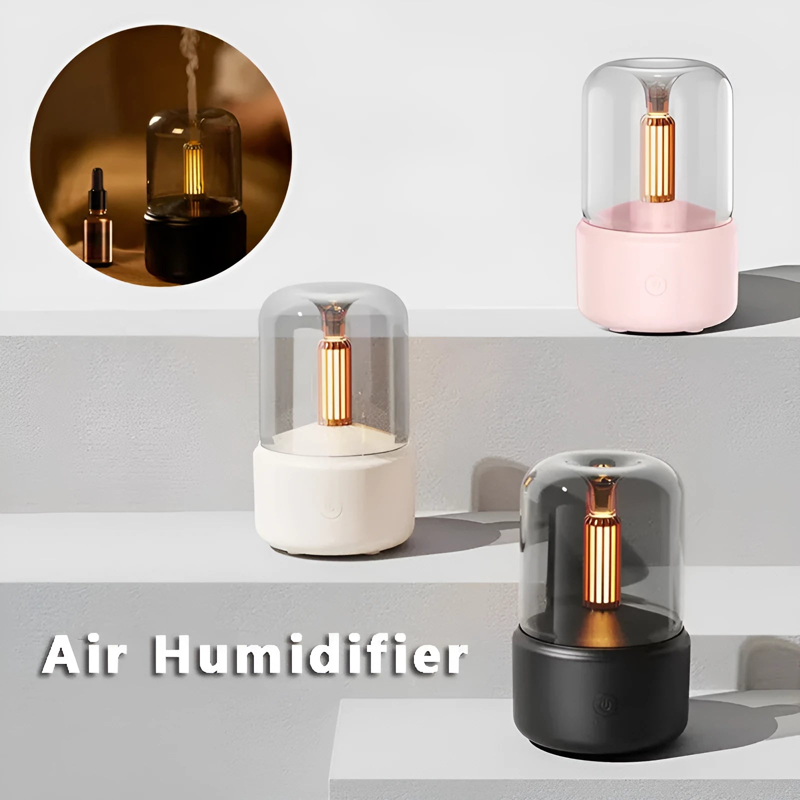 Beige candlelight aroma diffuser humidifier with USB cable, 120ml capacity, LED night light effect
