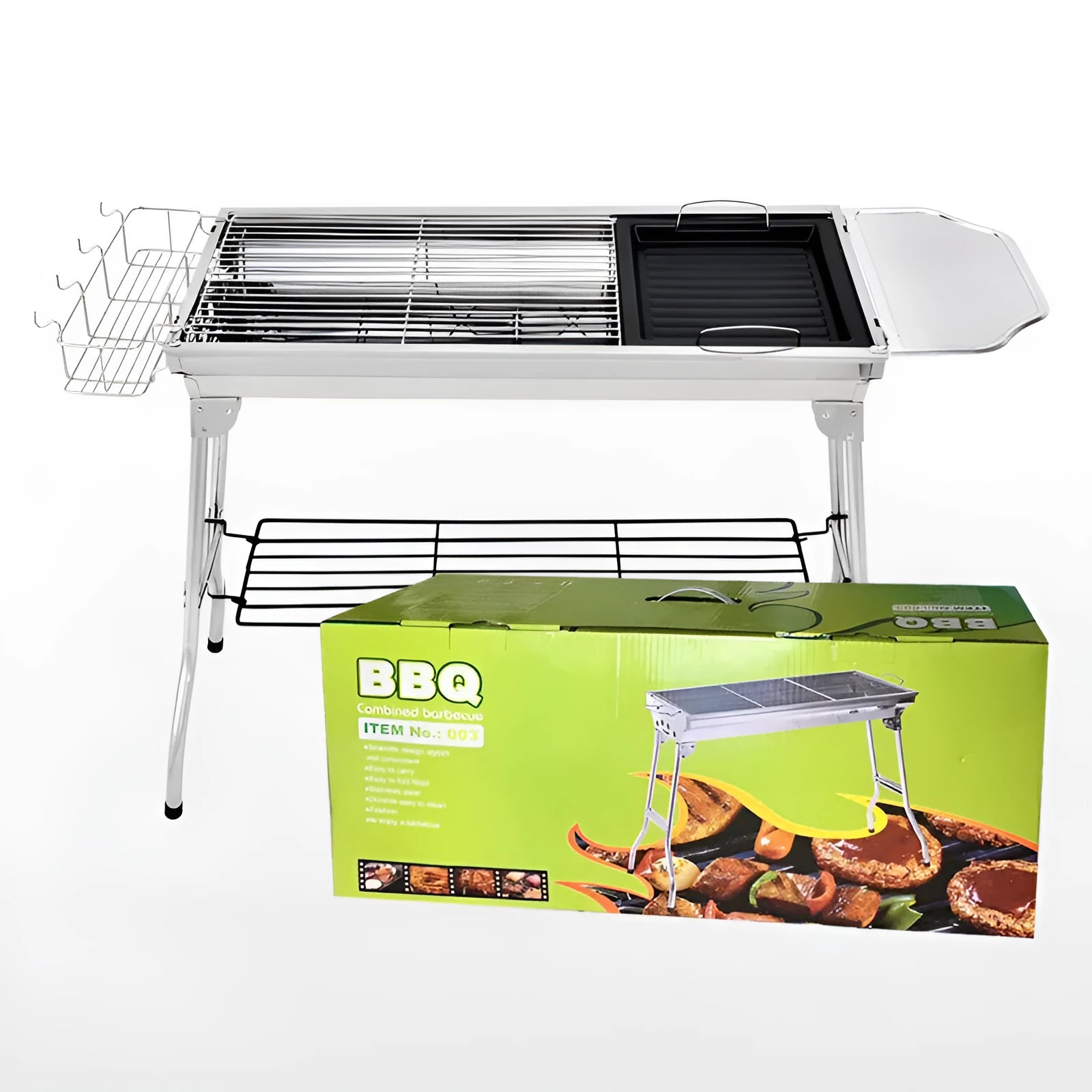 Stainless steel portable folding barbecue oven shown in natural metal colour.