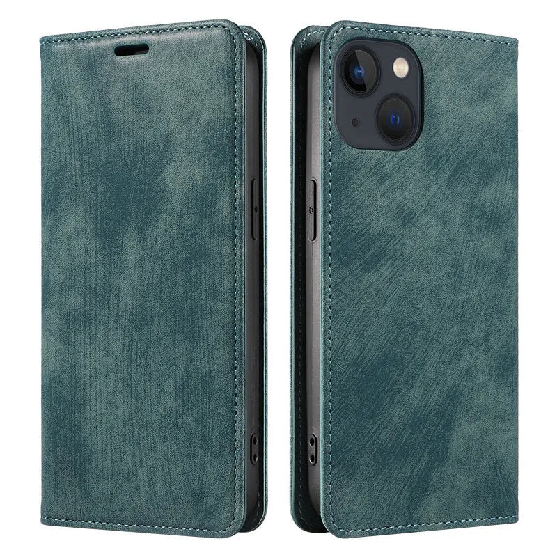 Magnetic flip leather phone case for iPhone in various colours, showing front and back views.
