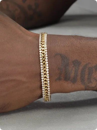 Gold plated titanium steel bracelet with artificial gemstones in unisex European American hip hop style