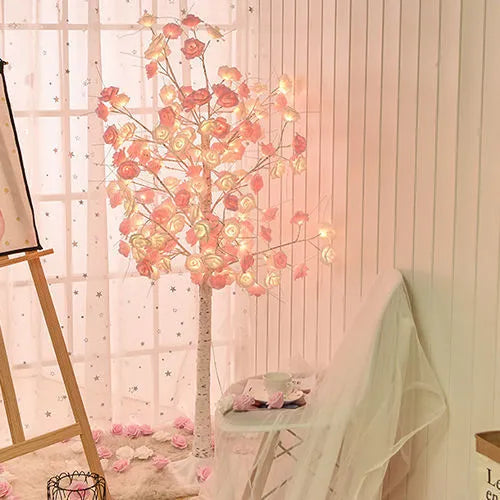 60cm Christmas Rose Shining Tree Lamp with pink and white rose flowers, USB battery dual-use
