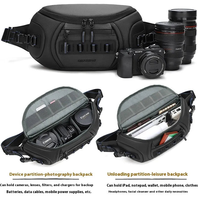 Waterproof Oxford cloth camera shoulder bag shown in black, grey, and green colour options.