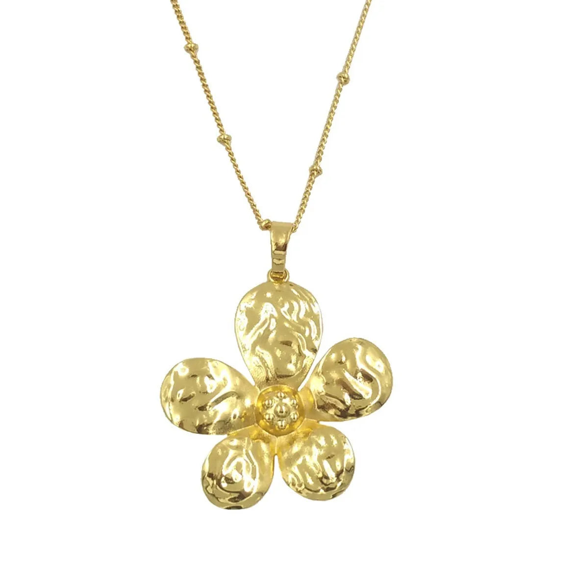 Brass 18K gold plated double ring flower pendant chain necklace on woman – gold colour