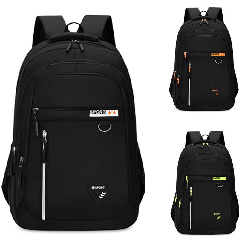 Men's Oxford cloth schoolbag in black with letter pattern showing air pillow belt and large capacity design