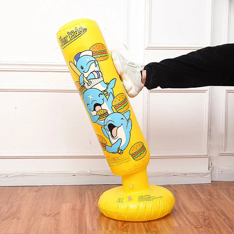Yellow hamburger patterned inflatable boxing column, 120cm tall PVC fitness tumbler for home training