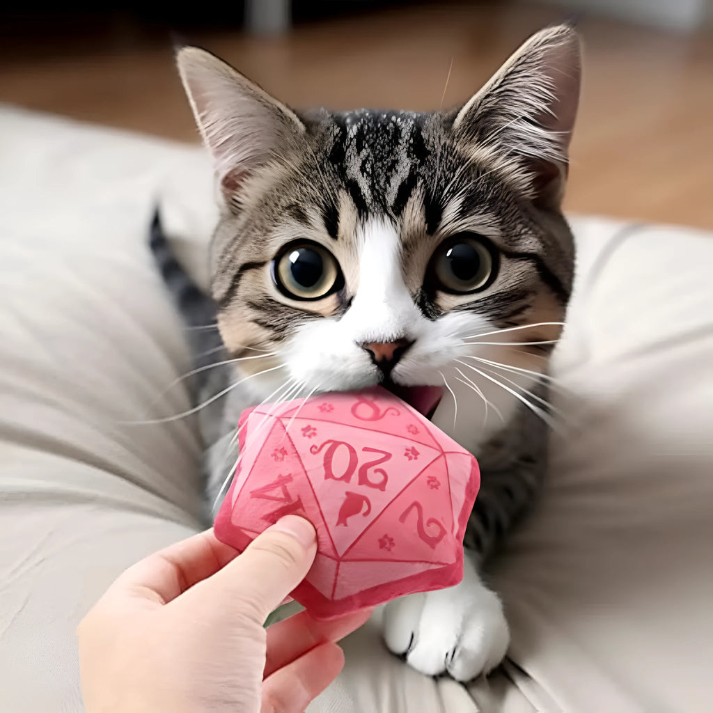 Blue dice-shaped catnip toy with dot markings on cube faces