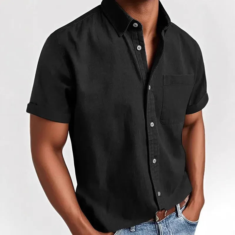 Men's solid colour short-sleeve shirt with a polo collar and a single chest pocket.