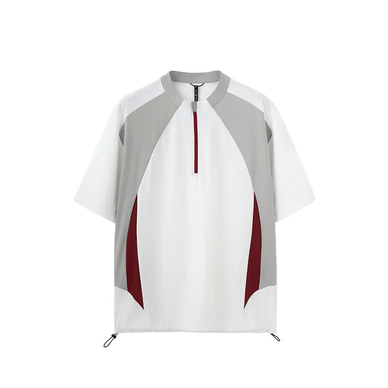 Men's solid colour lightweight polyester casual top shown in black and beige with both sleeve length options.