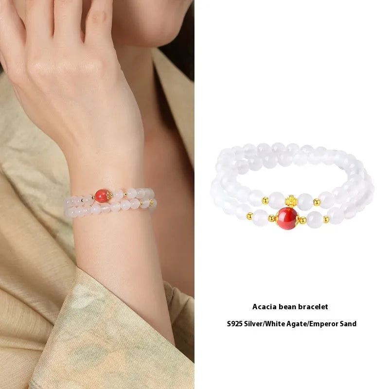 Women's double layer white agate bracelet with jequirity beans, 6mm geometry beads