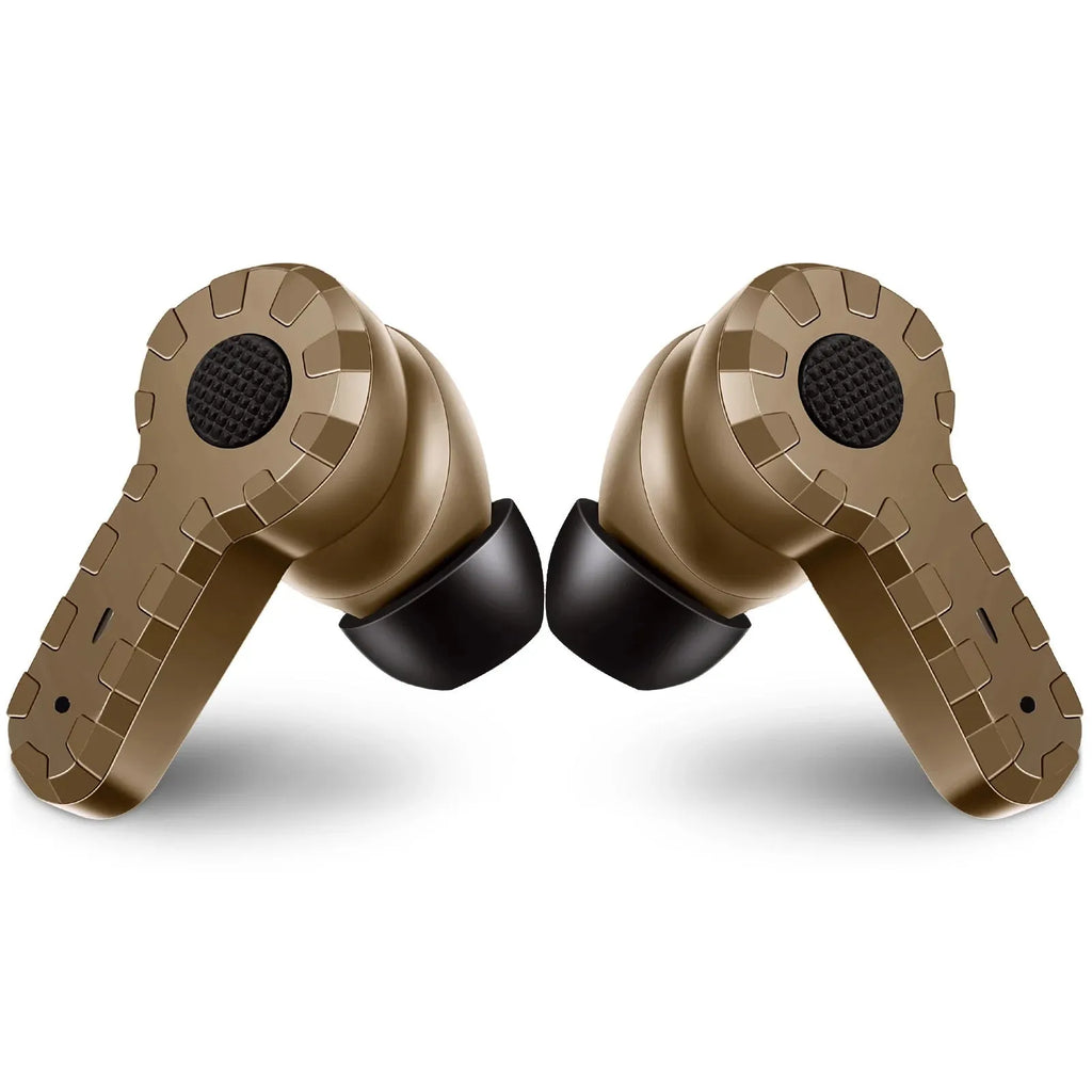 Tactical noise reduction earplugs in green, black, and mud colours with rechargeable pickup hearing for shooting and industrial use