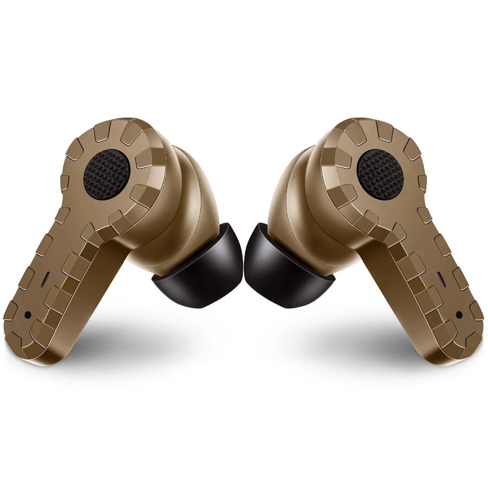 Tactical noise reduction earplugs in green, black, and mud colours with rechargeable pickup hearing for shooting and industrial use
