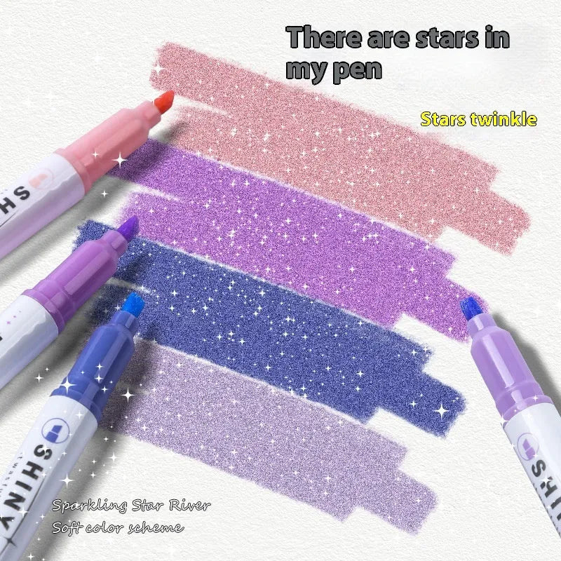 Four glitter fluorescent highlighter pens with slanted tips in six colour options including taro puff and peach nougat pastry