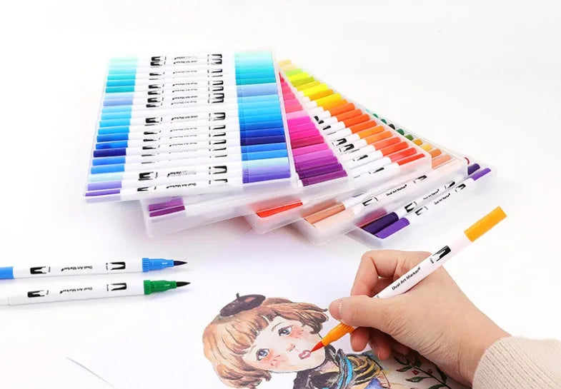 Set of watercolour brush pens with brush tips in a case, showing multiple colour options including reds, blues, and yellows.