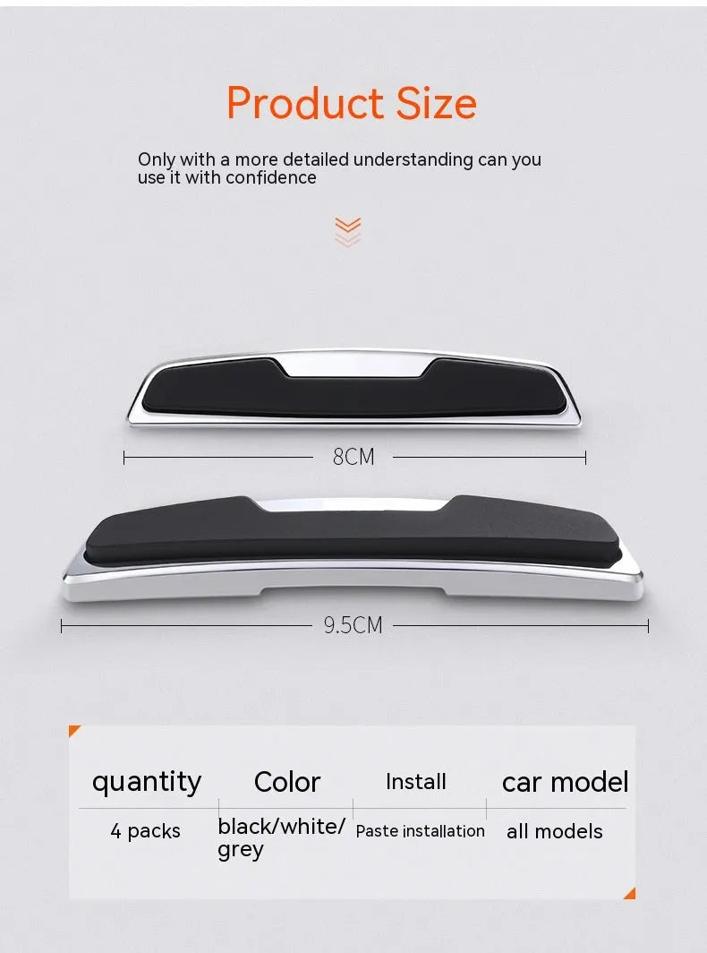 Black plastic silicone car door bumper strips measuring 9.5cm by 2cm in four-piece protective set