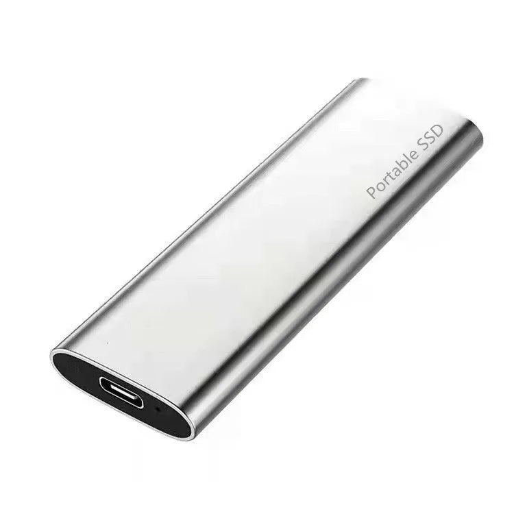 External mobile SSD hard drive with ultra-thin metal casing showing red interface connector