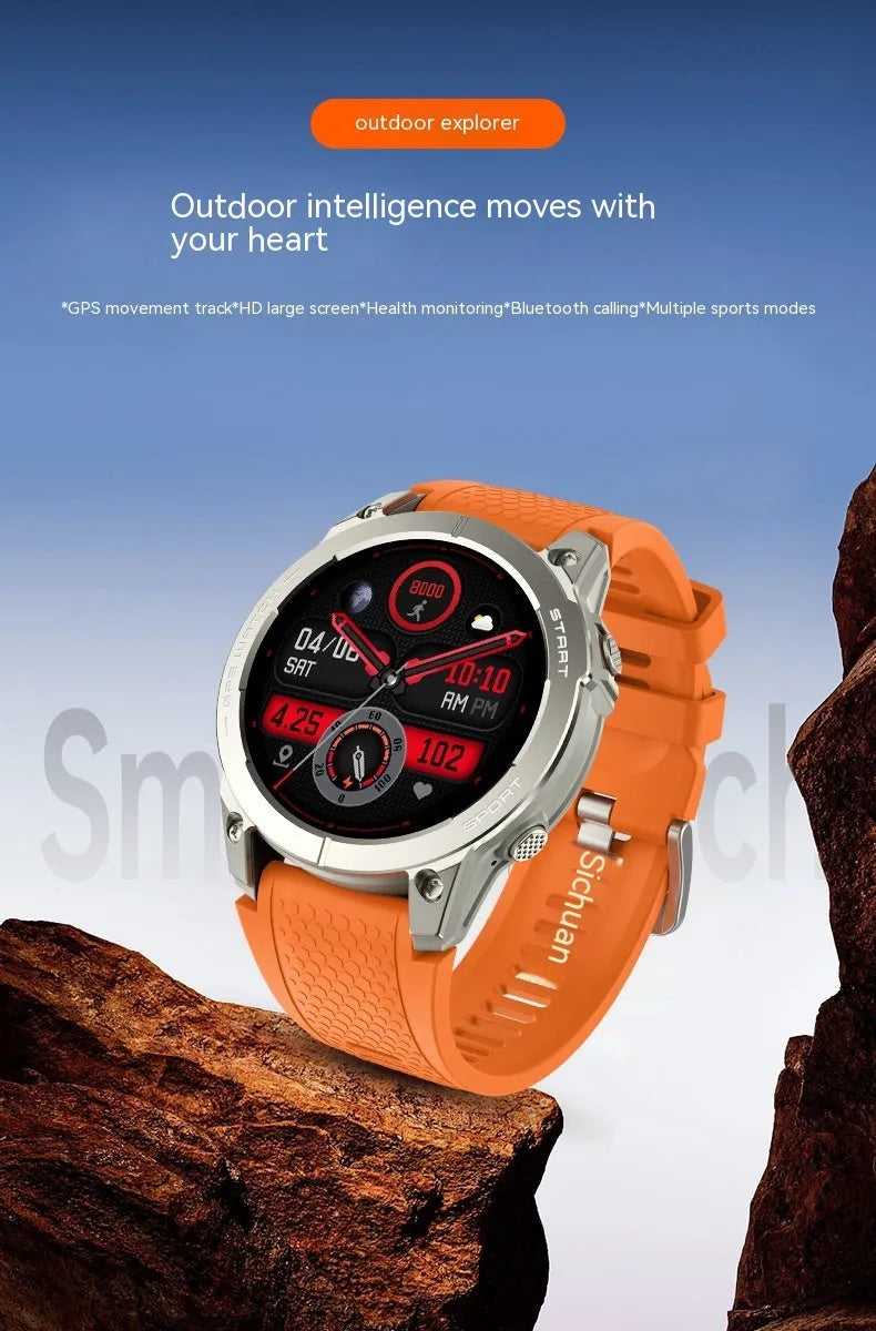 S53 black and orange outdoor GPS smartwatch with silicone strap on a wrist