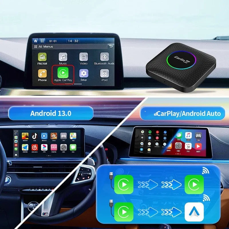 High-pass eight-core wired to wireless CarPlay and Android Auto conversion box with data cables.