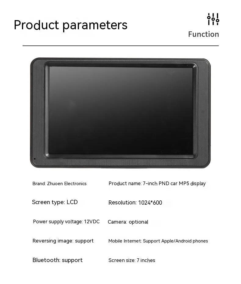 Black 7-inch car MP5 player with mounting bracket and cables on a dashboard.