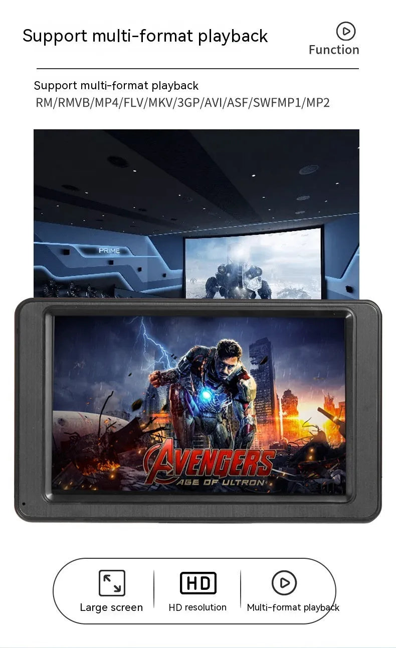 Black 7-inch car MP5 player with mounting bracket and cables on a dashboard.