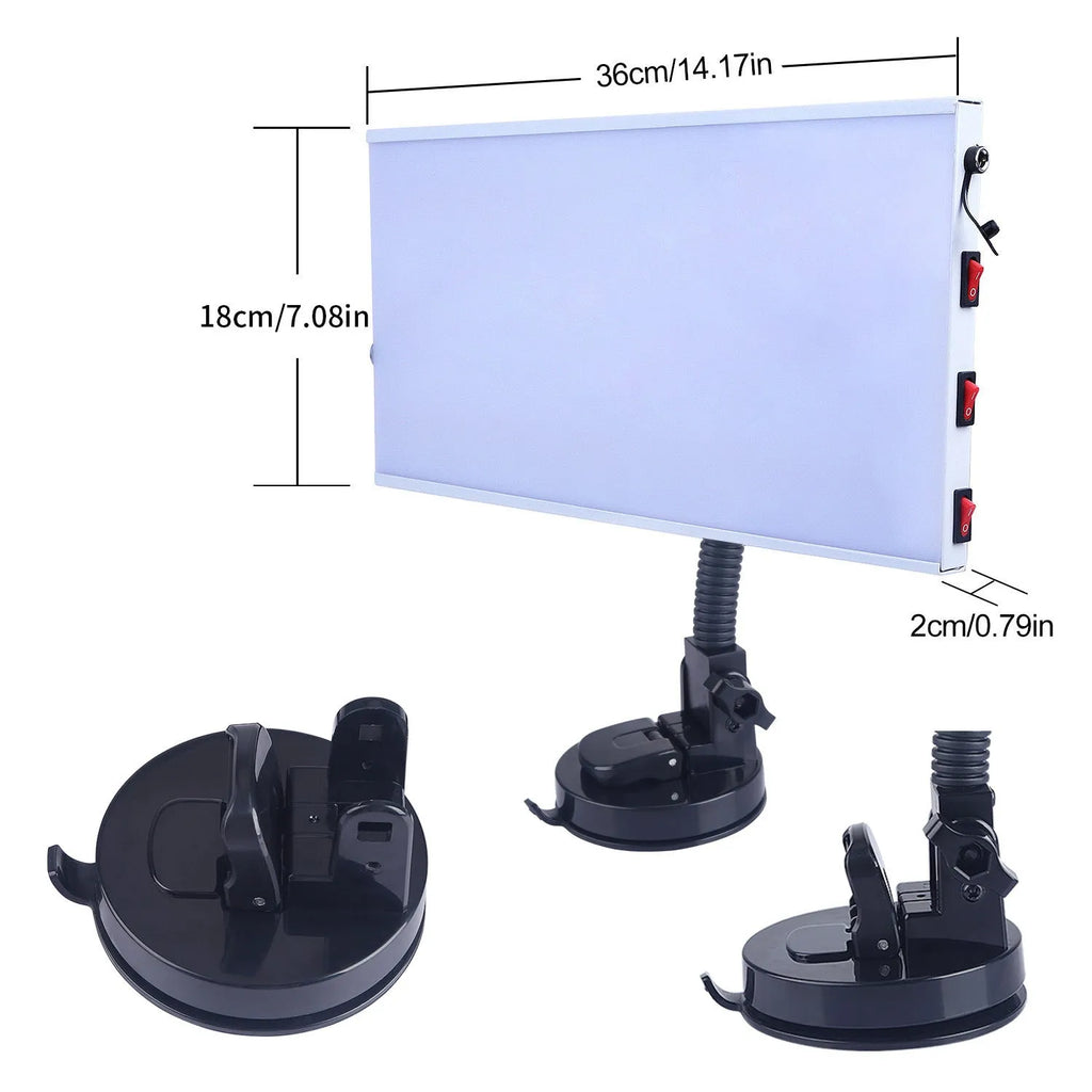 White MPT X009 car body dent repair detector kit with inspection light and magnetic base on a vehicle panel.