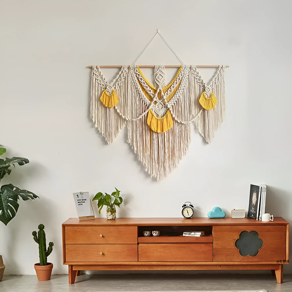 Hand-made creamy white and yellow cotton woven wall tapestry, rectangle 120cm by 95cm.