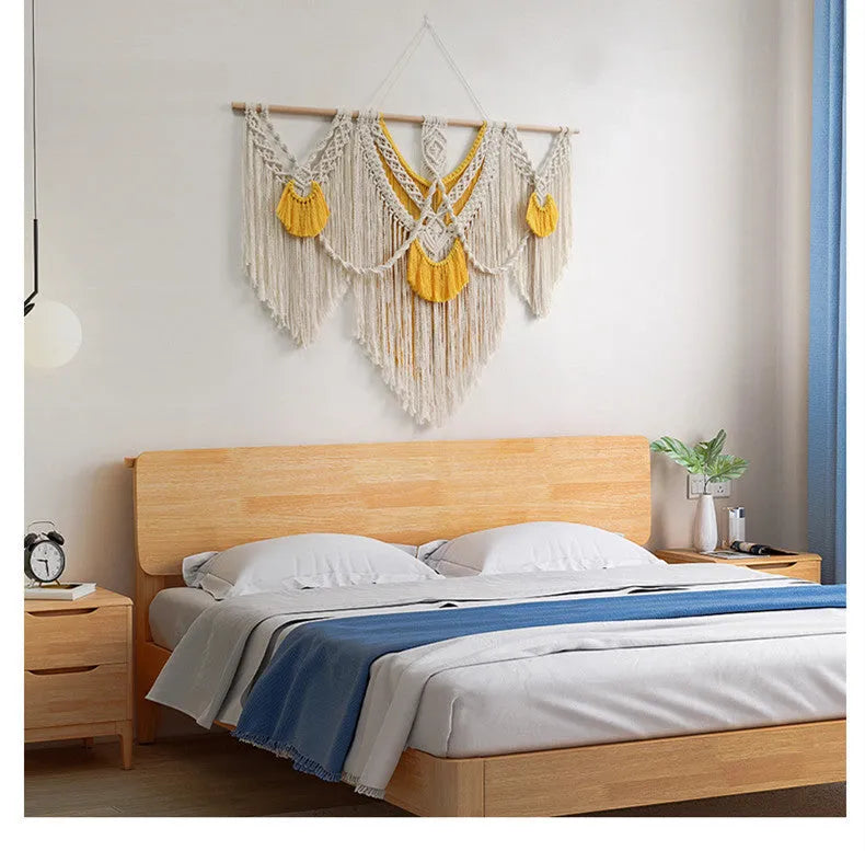 Hand-made creamy white and yellow cotton woven wall tapestry, rectangle 120cm by 95cm.