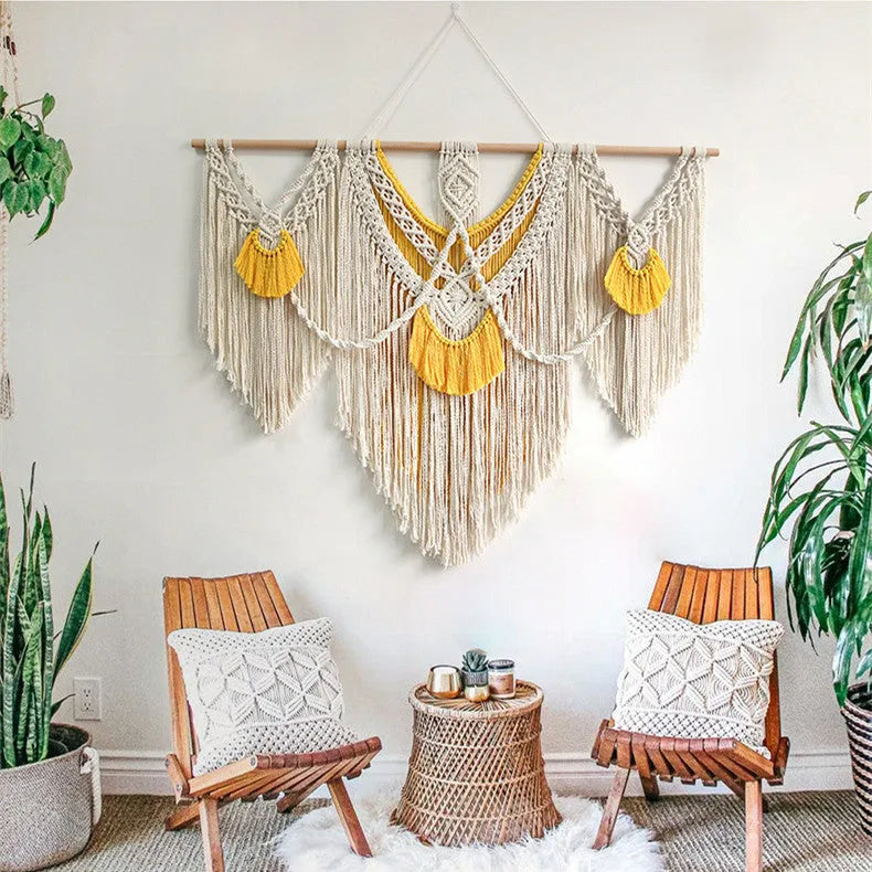 Hand-made creamy white and yellow cotton woven wall tapestry, rectangle 120cm by 95cm.