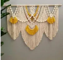 Hand-made creamy white and yellow cotton woven wall tapestry, rectangle 120cm by 95cm.