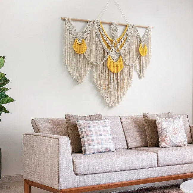 Hand-made creamy white and yellow cotton woven wall tapestry, rectangle 120cm by 95cm.