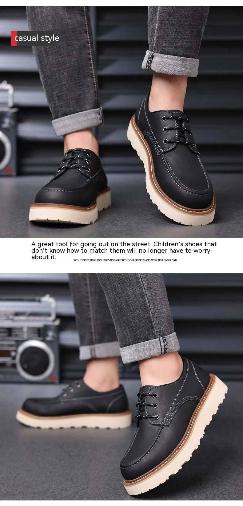 A pair of men's black retro-style low-top casual boots with a round toe and a rubber sole.