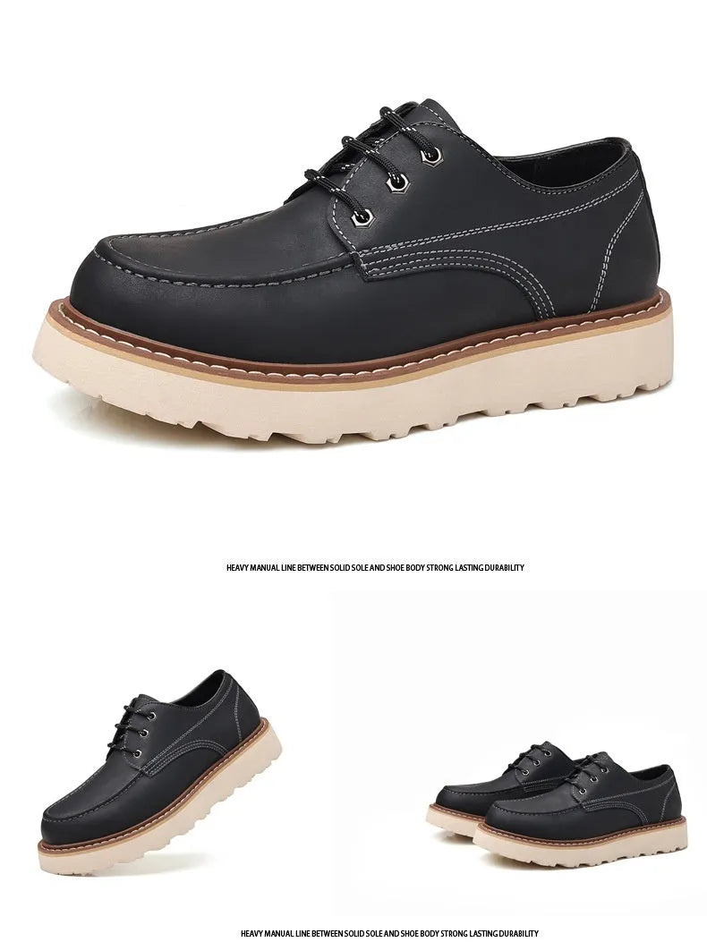 A pair of men's black retro-style low-top casual boots with a round toe and a rubber sole.
