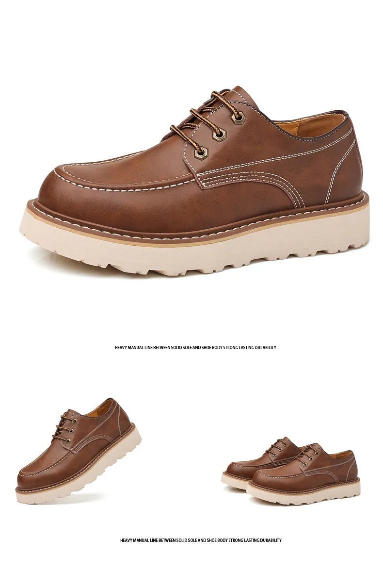 A pair of men's black retro-style low-top casual boots with a round toe and a rubber sole.