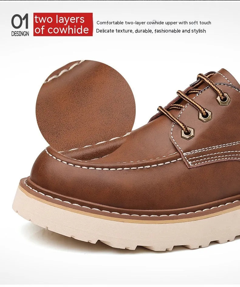 A pair of men's black retro-style low-top casual boots with a round toe and a rubber sole.