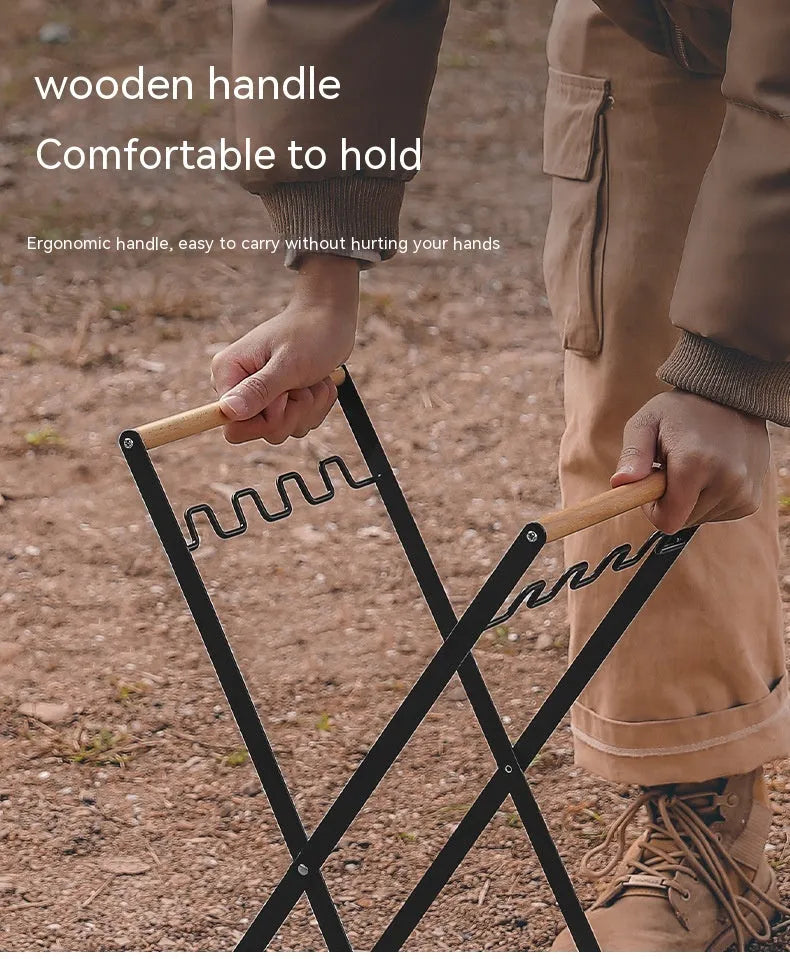 Foldable outdoor trash rack with wooden handle in black or white colour