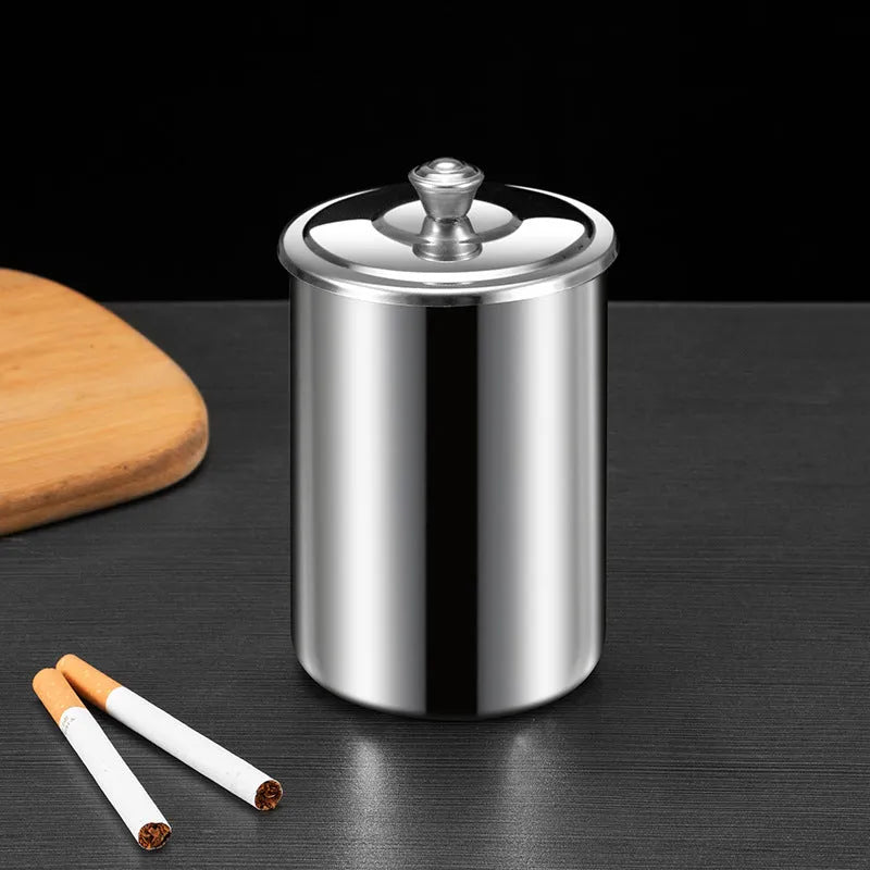 Stainless steel fly ash ashtray with cover in 7.5*9.5cm size with funnel and smoke button