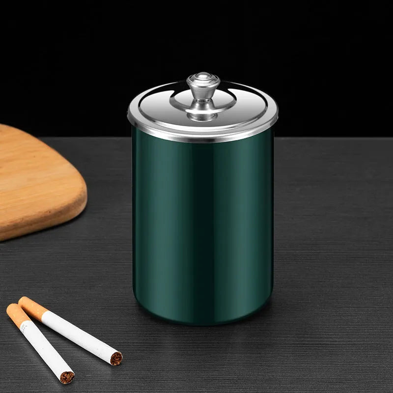 Stainless steel fly ash ashtray with cover in 7.5*9.5cm size with funnel and smoke button