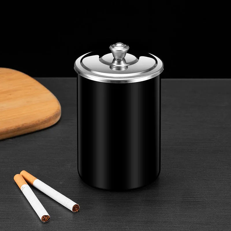 Stainless steel fly ash ashtray with cover in 7.5*9.5cm size with funnel and smoke button