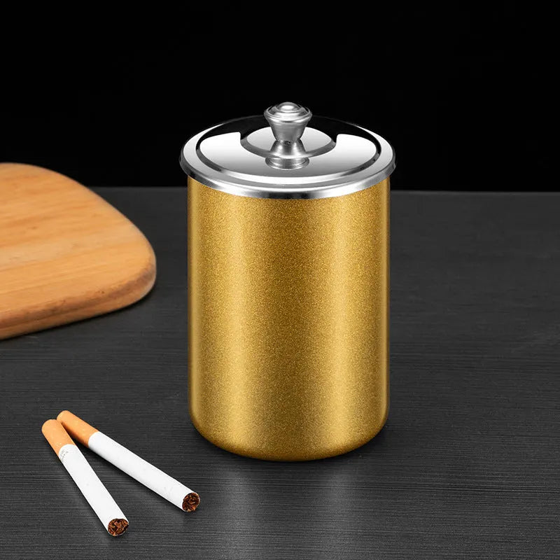 Stainless steel fly ash ashtray with cover in 7.5*9.5cm size with funnel and smoke button