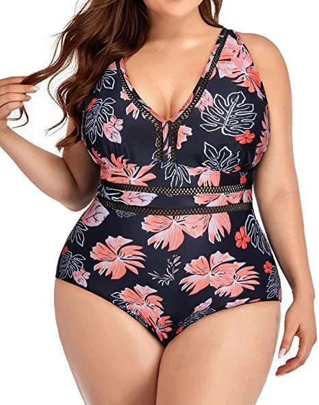 Women's plus size black polyester bikini swimwear with mesh stitching and printing design