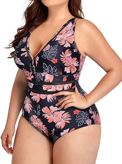 Women's plus size black polyester bikini swimwear with mesh stitching and printing design