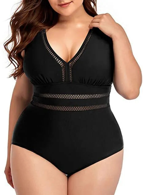 Women's plus size black polyester bikini swimwear with mesh stitching and printing design