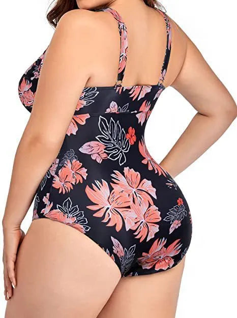 Women's plus size black polyester bikini swimwear with mesh stitching and printing design