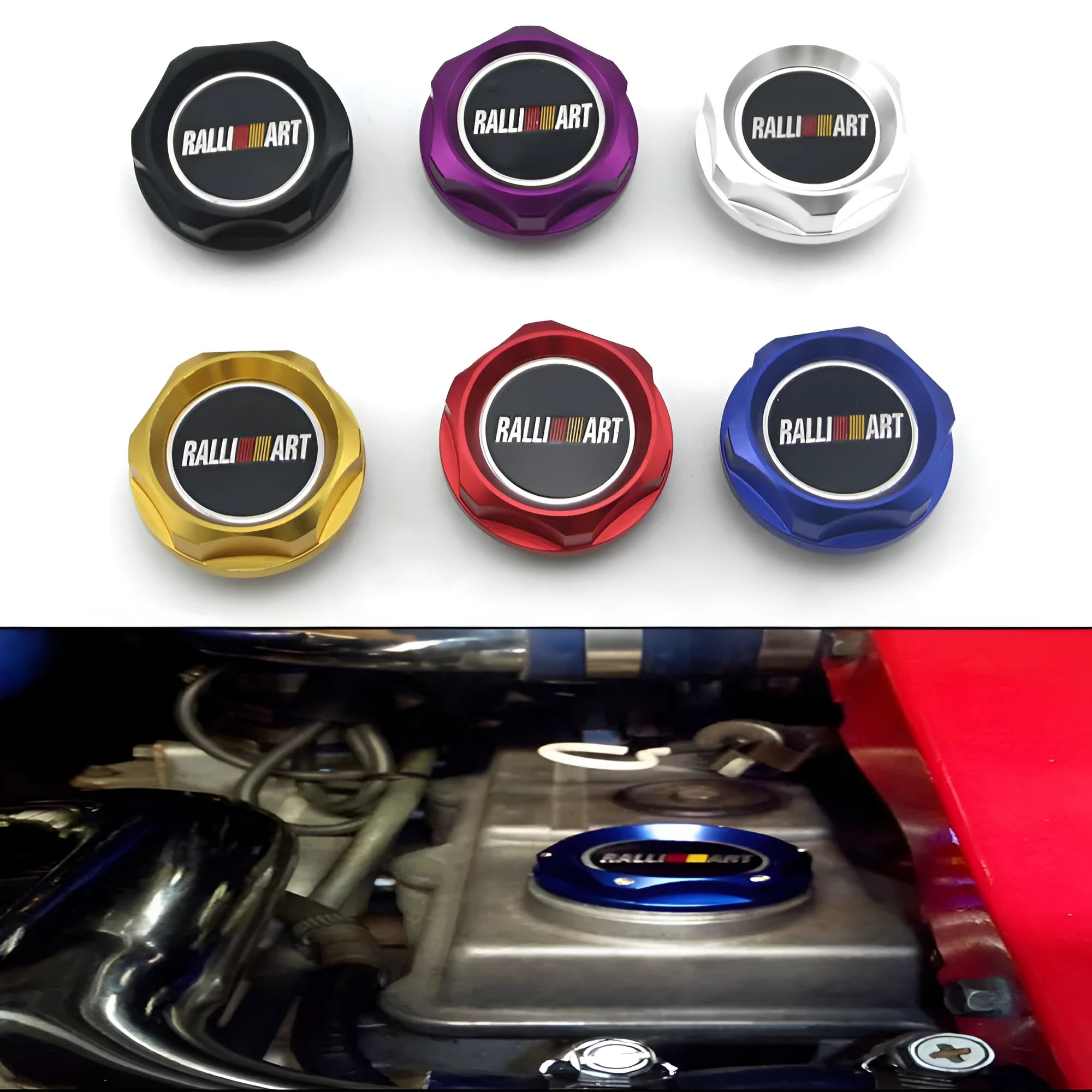 Aluminium alloy oil filter cap for Mitsubishi models in six anodised colours.