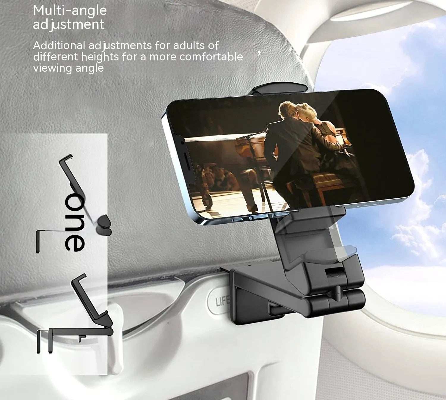 Black foldable rotating universal phone holder shown open on a desk, holding a smartphone.