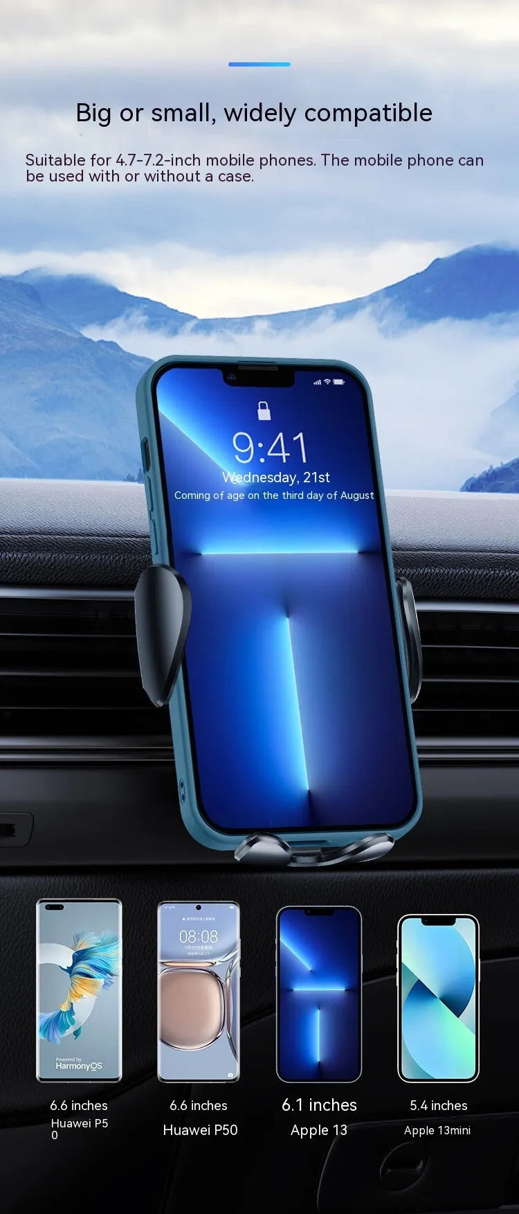 Black universal car phone bracket clipped to car air vent holding smartphone