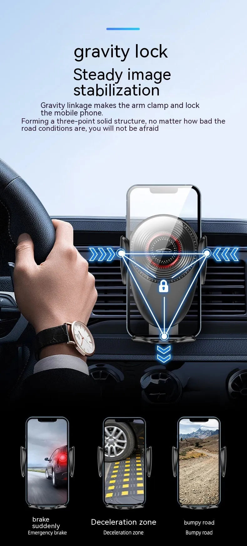 Black universal car phone bracket clipped to car air vent holding smartphone