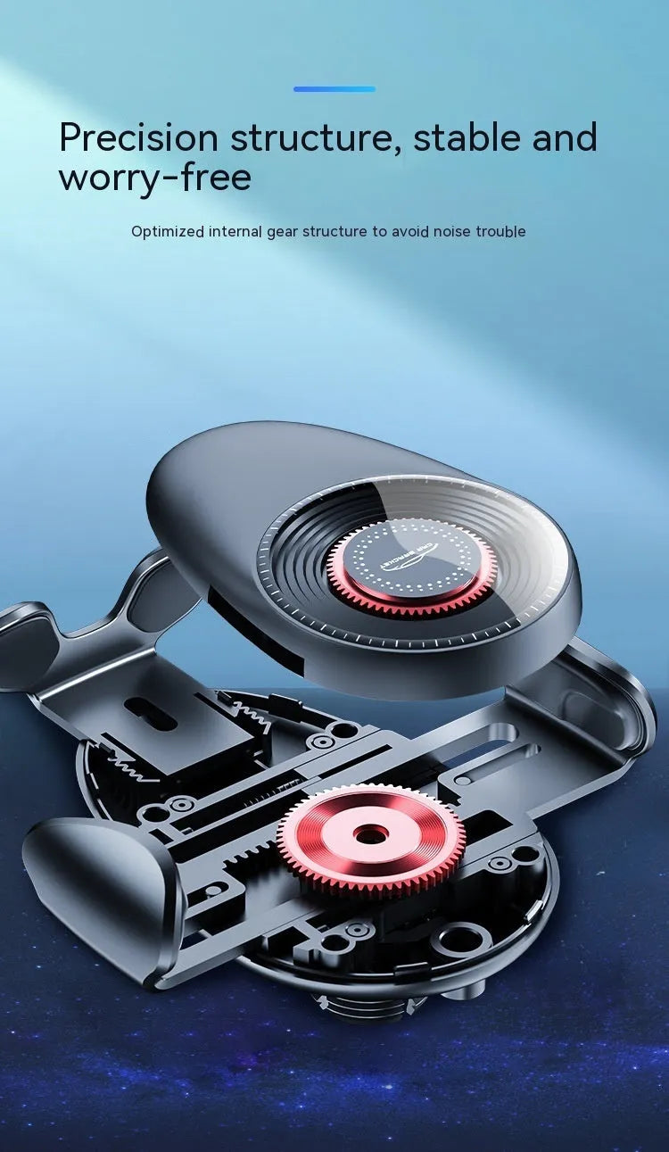 Black universal car phone bracket clipped to car air vent holding smartphone