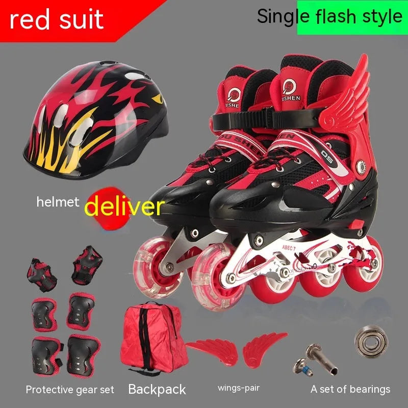 Children's adjustable skating shoes with aluminium frame, PU foam wheels, and complete protective gear set