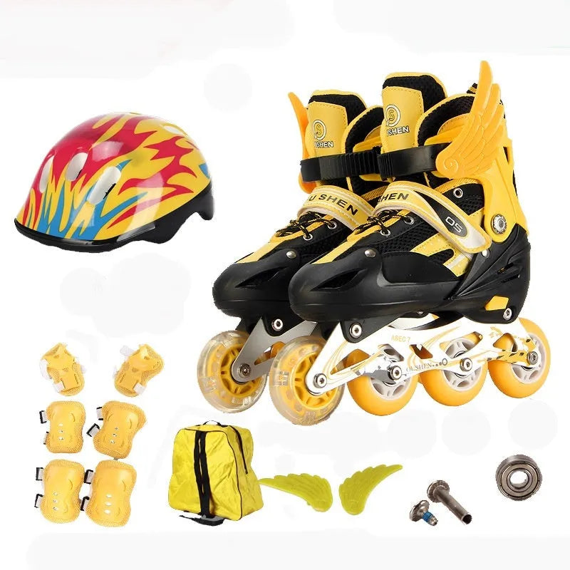 Children's adjustable skating shoes with aluminium frame, PU foam wheels, and complete protective gear set