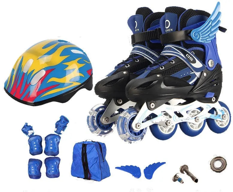 Children's adjustable skating shoes with aluminium frame, PU foam wheels, and complete protective gear set
